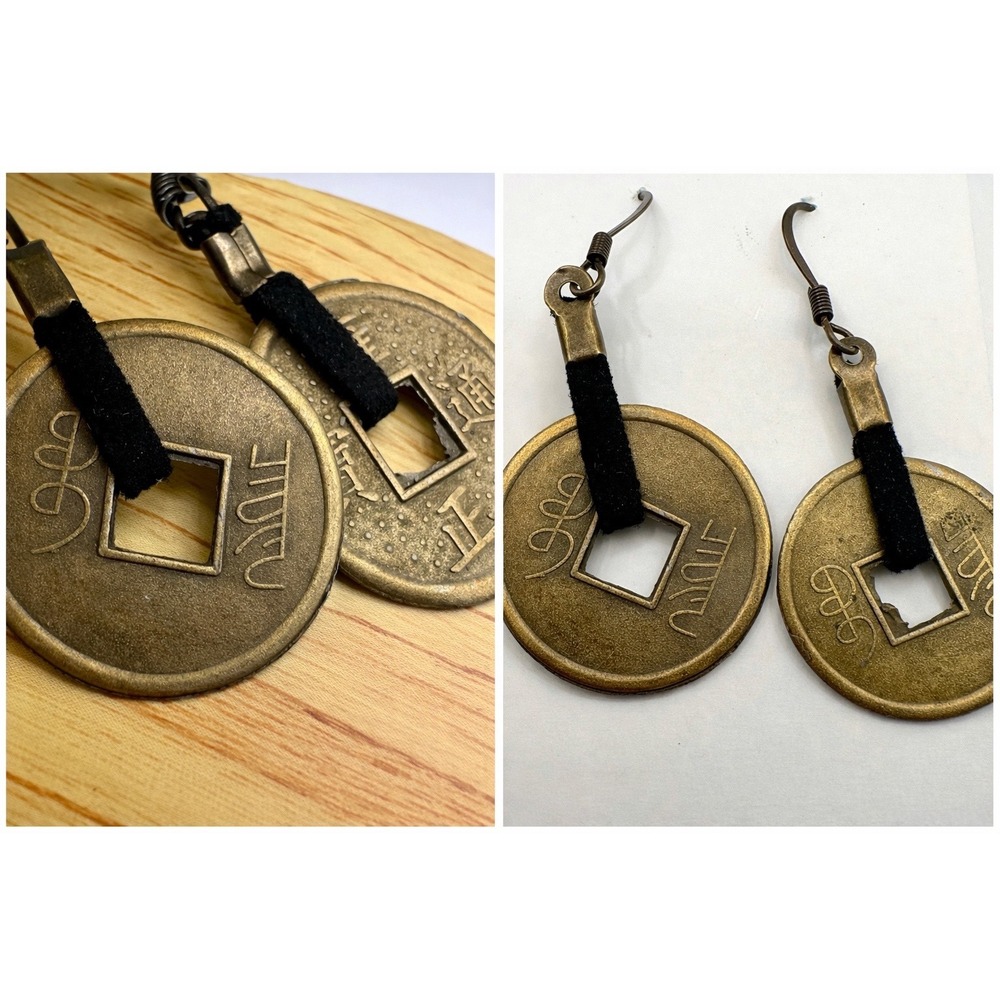 Antique Brass Chinese Coin Earrings | Boho Witchy Luck Symbol Dangle‎ Jewelry